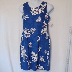 Pacific Legend Womens L/XL Blue Hibiscus Floral Hawaiian Shift Dress USA Made